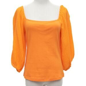 Sanctuary Short Puff Sleeve Mixed Media Top In Orange Size Medium